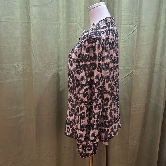 Rebecca Taylor Brown and Tan Tie Front Blouse with Mandarin Collar, US12 - Picture 7 of 11